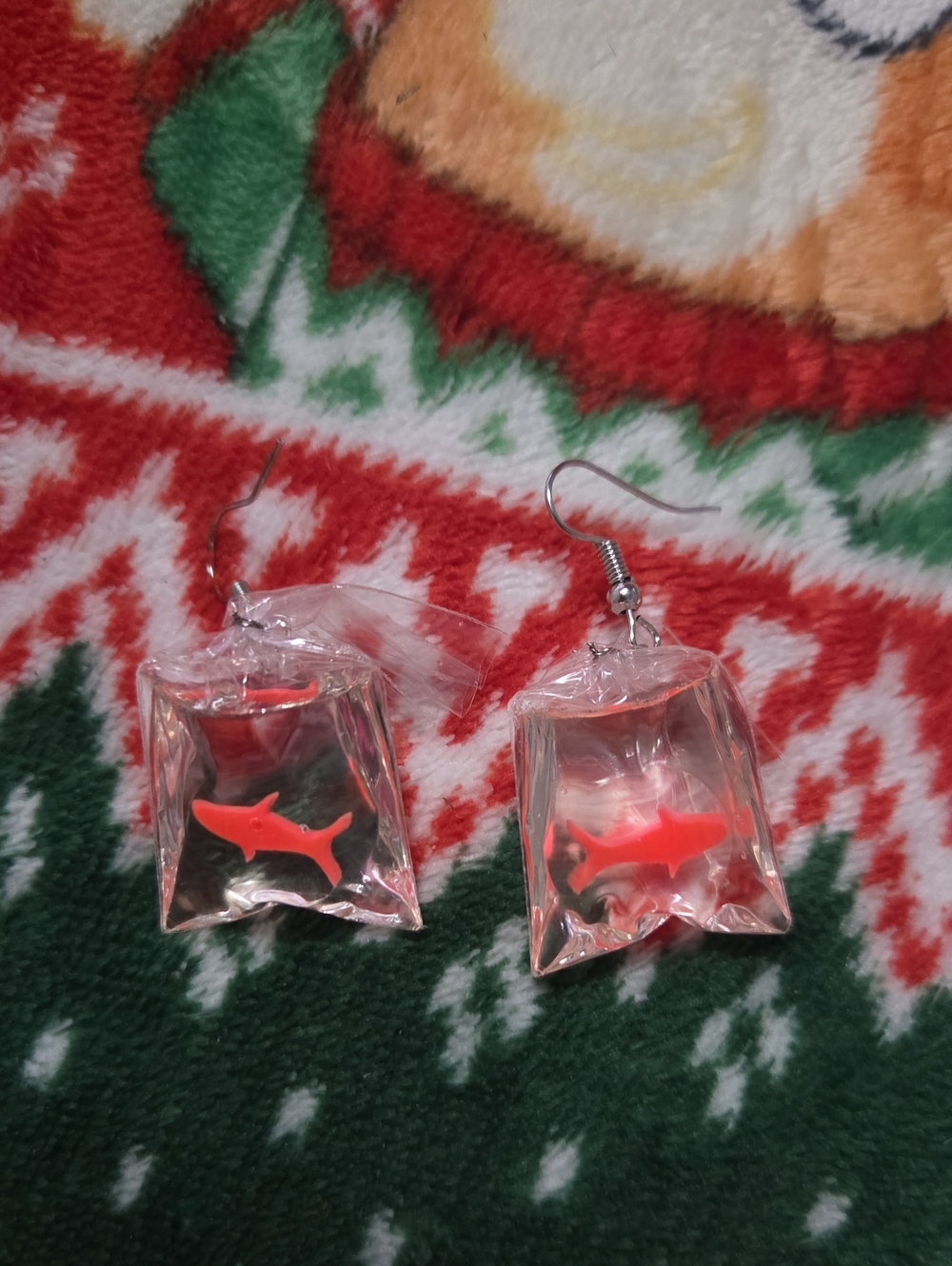 Clear Resin Bag Earrings with Red Fish Charm - Unbranded